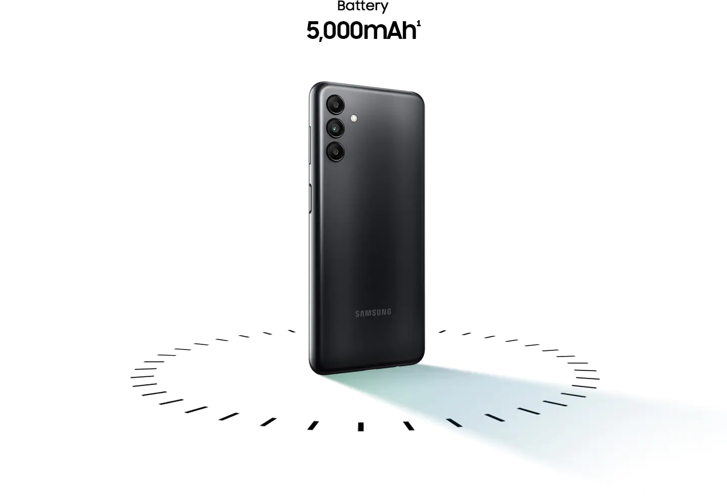 Check out user reviews on Samsung A04s battery specs now. Galaxy A04s is standing with its back turned, surrounded by a dotted circle. Above are the words Battery 5,000mAh