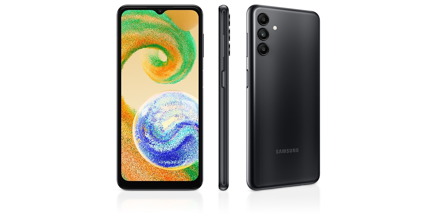 One of Galaxy A04s specs is a 5000mAh battery capacity. Classic back view of Samsung A04s devices in black along with 1 side and 1 front view.