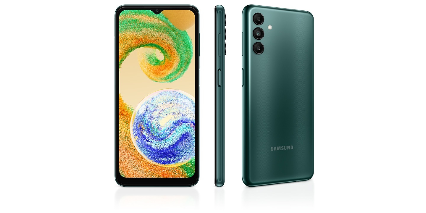 One of Samsung A04s specs is a 4GB RAM with 64/128GB ROM. Classic back view of Galaxy A04s devices in green along with 1 side and 1 front view.