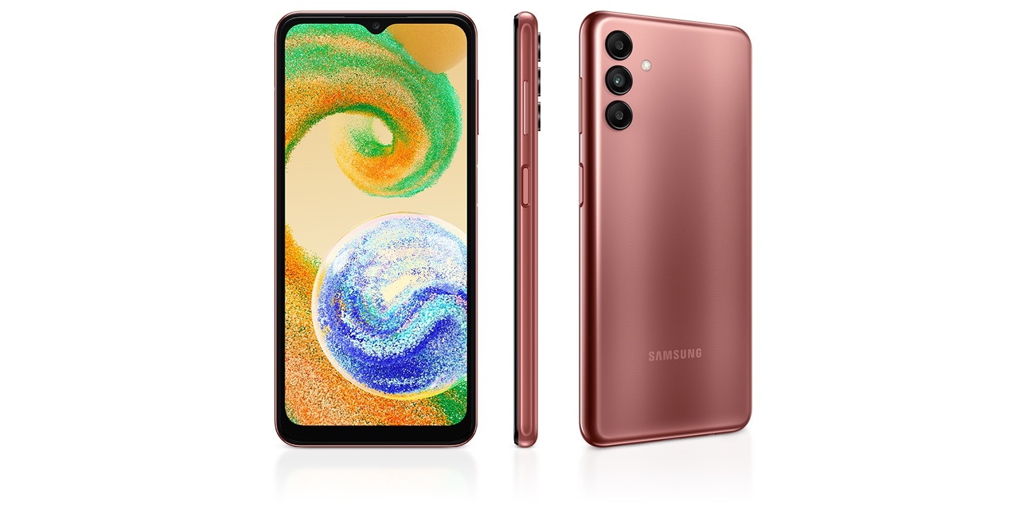 One of Samsung A04s specs is a 50MP (F1.8) main camera. Classic back view of Galaxy A04s devices in orange copper along with 1 side and 1 front view.