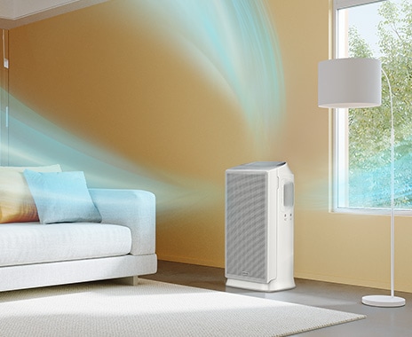 The 3way air flow outward from a AX5500 Air Purifier in the living room shows how clean air is distributed.