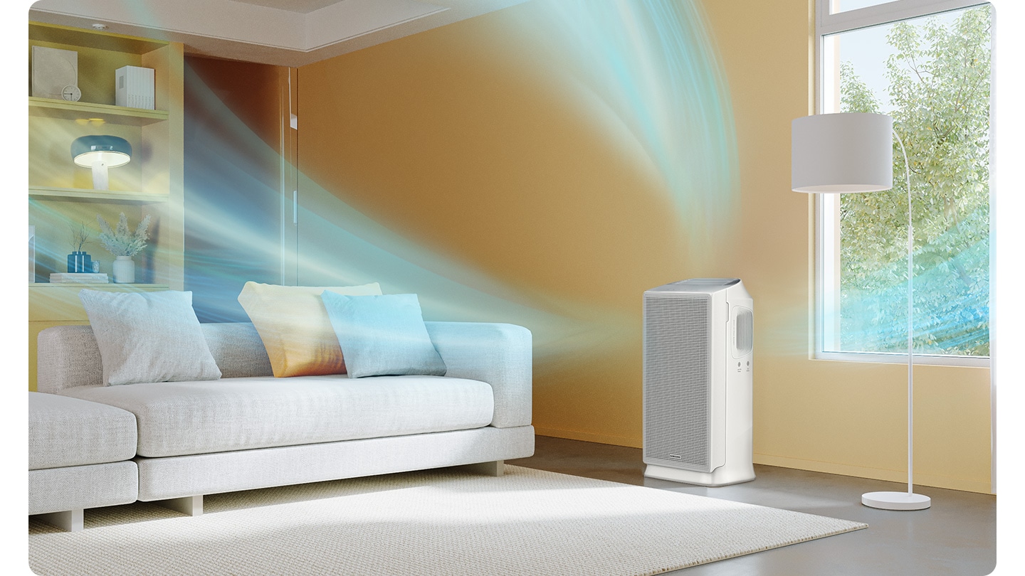 The 3way air flow outward from a AX5500 Air Purifier in the living room shows how clean air is distributed.