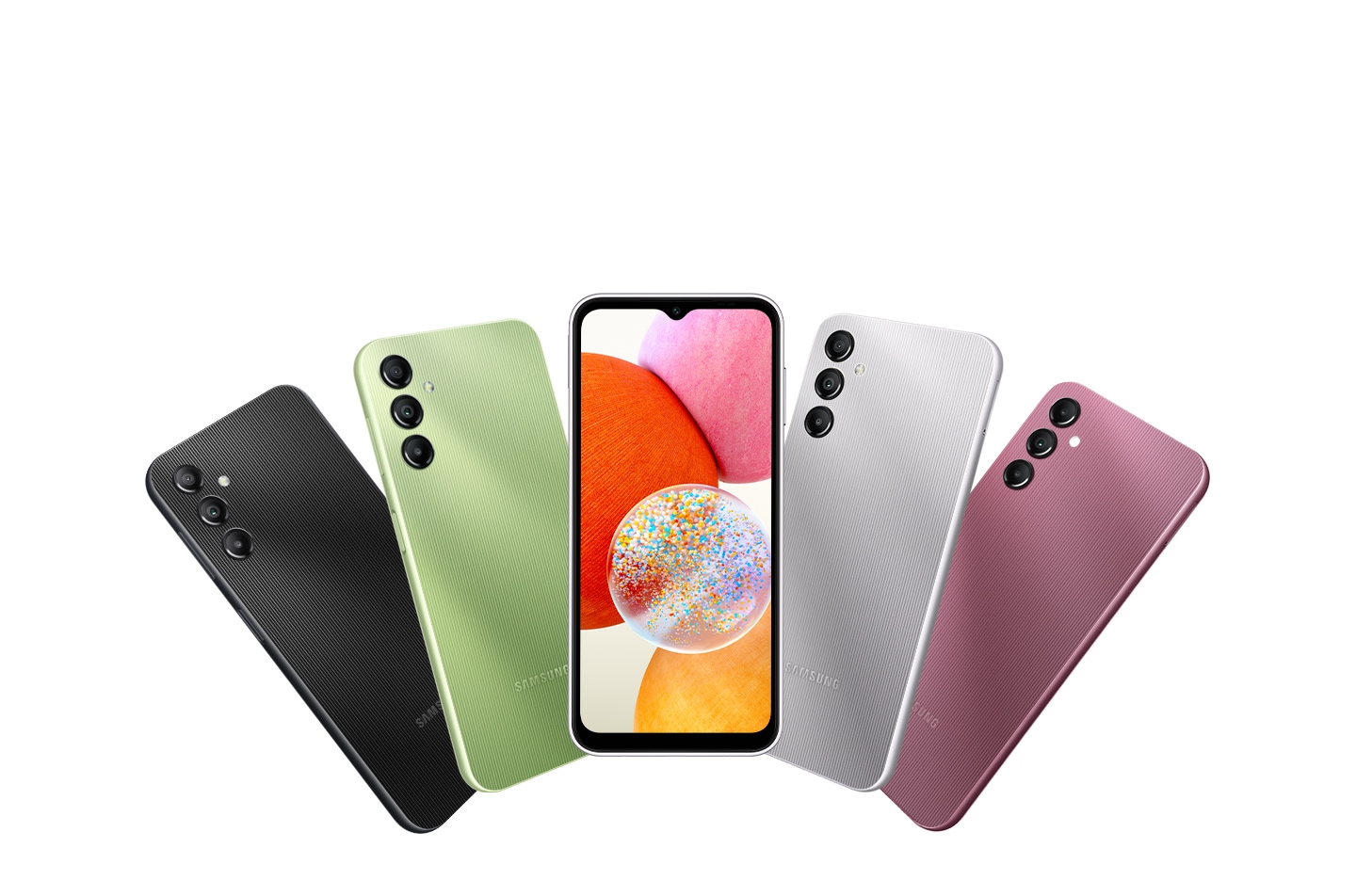 Five Galaxy A14 devices are shown to showcase the availability of various color options. Four of them are back-facing to show their colors from Black, Light Green, Silver, and Dark Red. The other front-facing device is positioned in the middle with colorful balls being displayed on its screen.