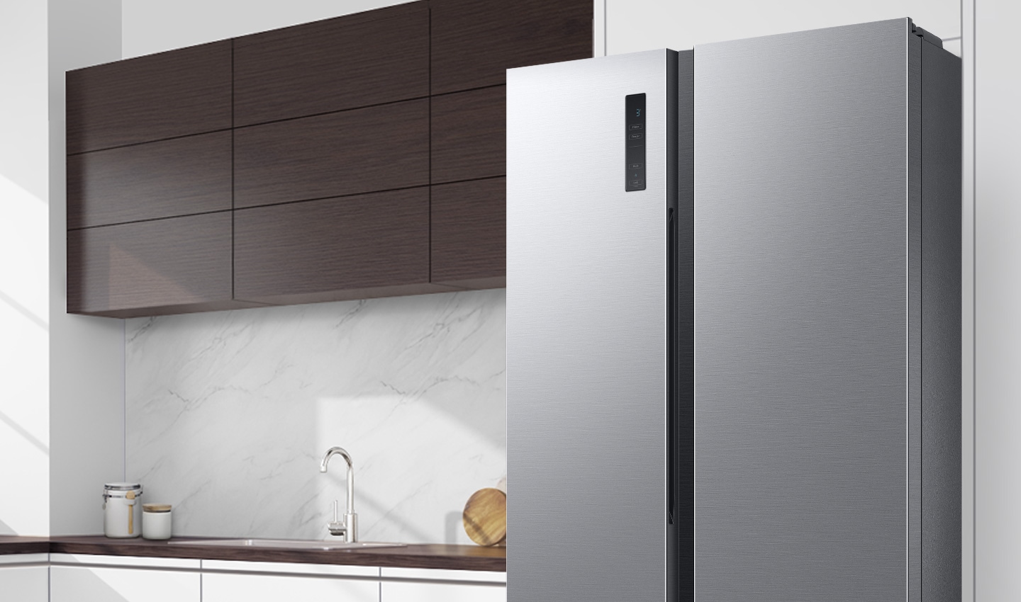 The RS3000BM is installed in the kitchen with minimal handles and a stylish front LED display.