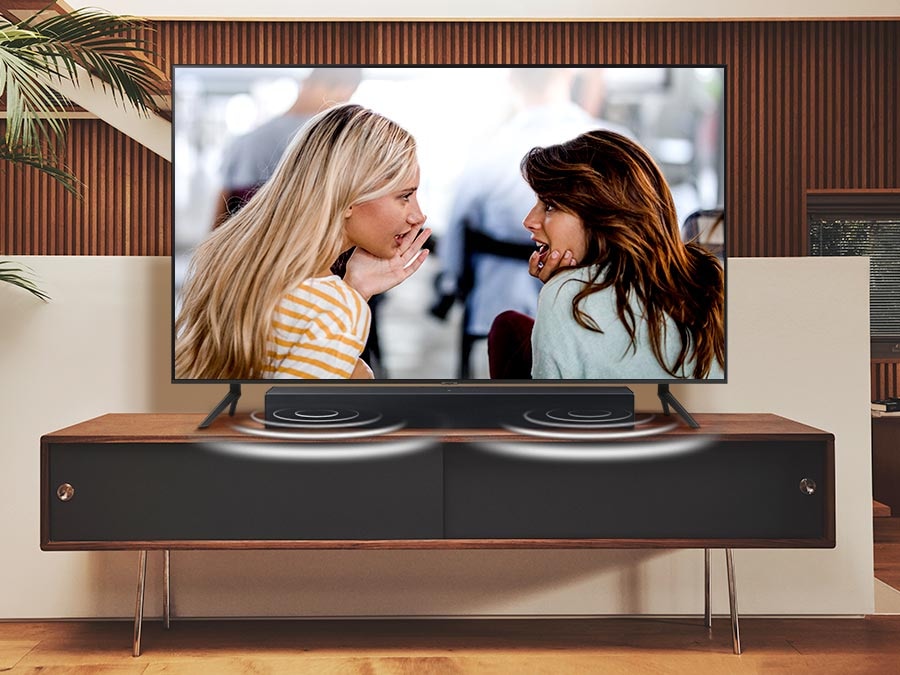The sound from the Soundbar's side speakers emphasize dialogue when Voice Enhance is activated.