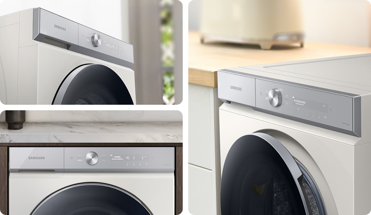 There are three white Bespoke Grande AI washers in 3 different locations: one is by itself in a room, one is built-in under a white marble countertop, and one is set at the end of a kitchen cabinet, its door open slightly.