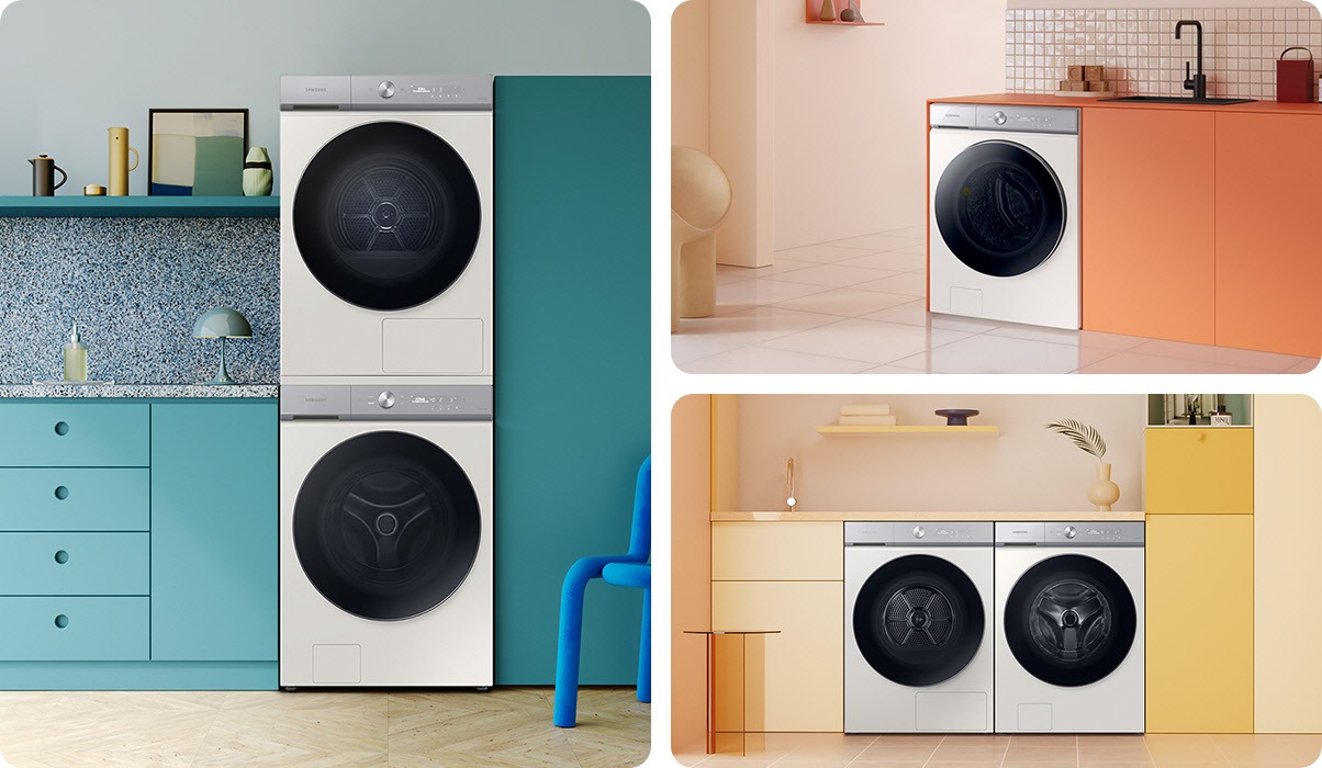 There are several Bespoke Grande AI washers and dryers in 3 different colored rooms. A white washer and dryer set is stacked vertically in a room with green cabinets. A white washer is built into an orange cabinet. Finally, a white washer and dryer set is placed side-by-side in a yellow cabinet.