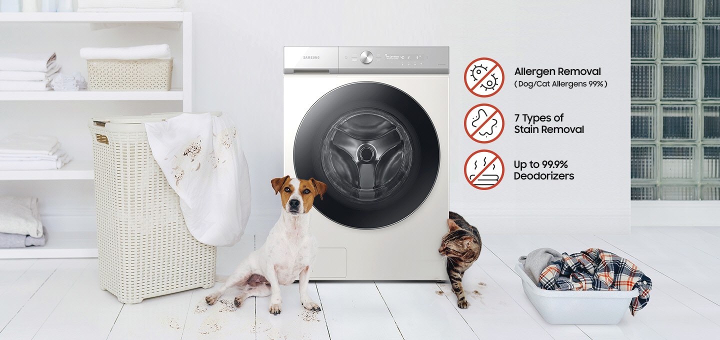 A white Bespoke Grande AI washer is in a white room with a dog and a cat. There is a container with laundry on the floor to the right of the machine. The animals’ paws are dirty and muddy footprints cover the floor where they have been walking. Allergen Removal (Dog/Cat Allergens 99%). 7 types of stain removal. Up to 99.9% deodorizers.