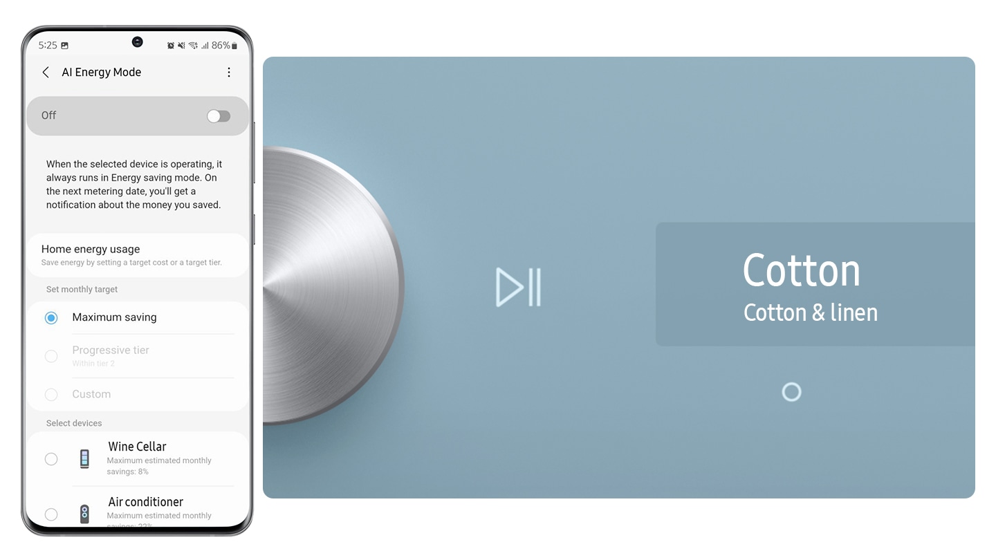 The AI ​​Energy Mode for Washer is activated by checking the mode button to 'On' and selecting the device you want to run on your smartphone. After the cycle, the cleaning is complete with AI Energy Mode which saves 397 Wh (70%) of energy. Images shown are for illustration purpose.
