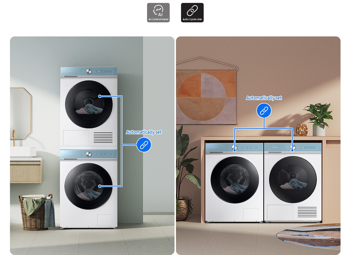 Two sets of washers and dryers are placed differently in two separate living spaces. Drying cycles are automatically set.