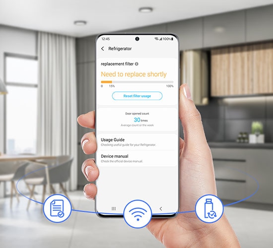 A person is using the SmartThings Home care and checks the filter usage and replacement cycle of refrigerator.