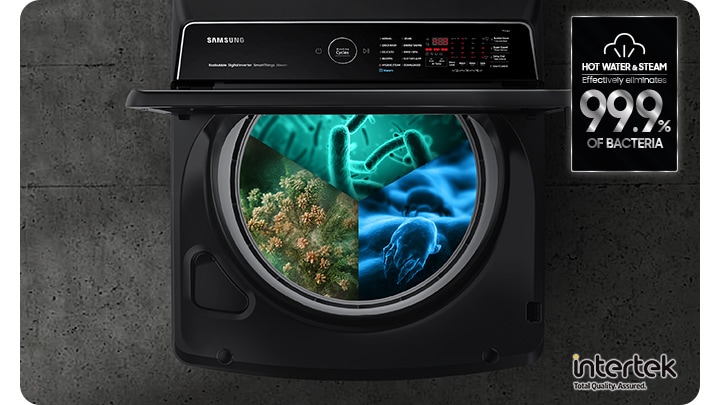 Steam wash certified by Intertek, steam is dispersed inside the washing machine door to remove allergens and bacteria up to 99.9%.