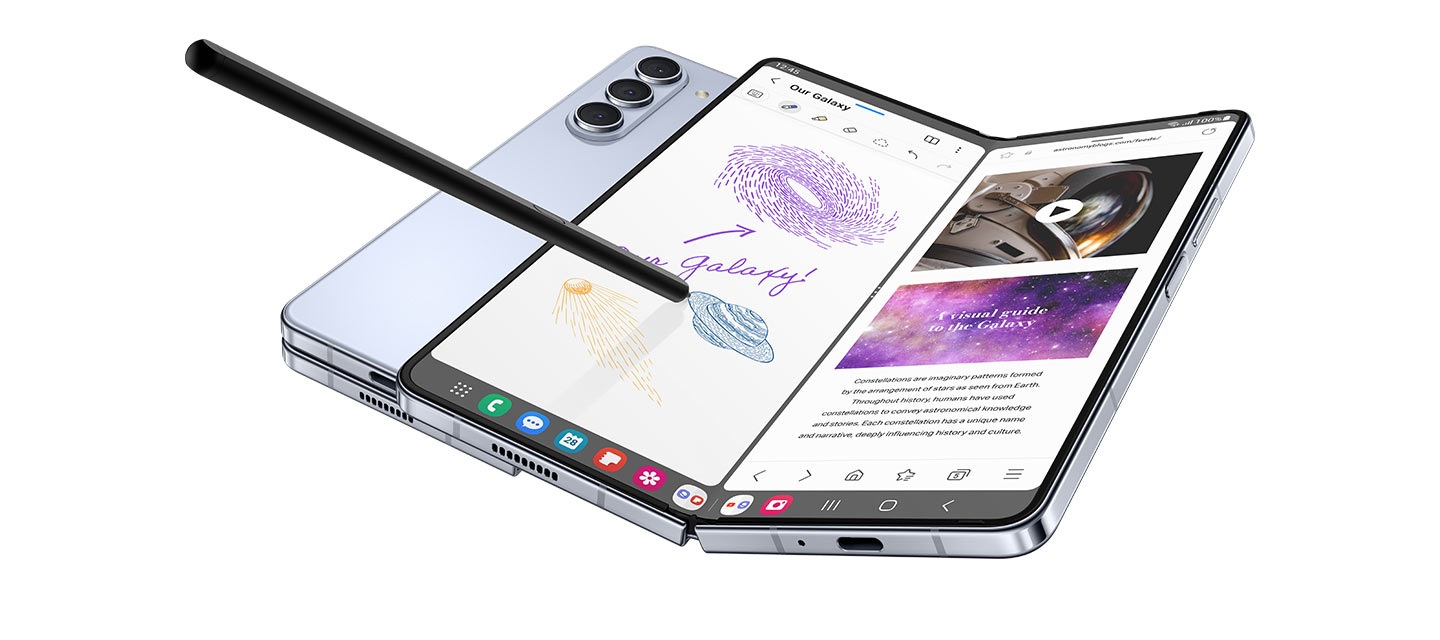 Two Galaxy Z Fold5 devices. One is folded and seen from the rear. The other is open to the Main Screen. Two windows are open on the Main Screen. One is a note-taking app with drawings created with the S Pen hovering over the screen. The other is an internet browser.