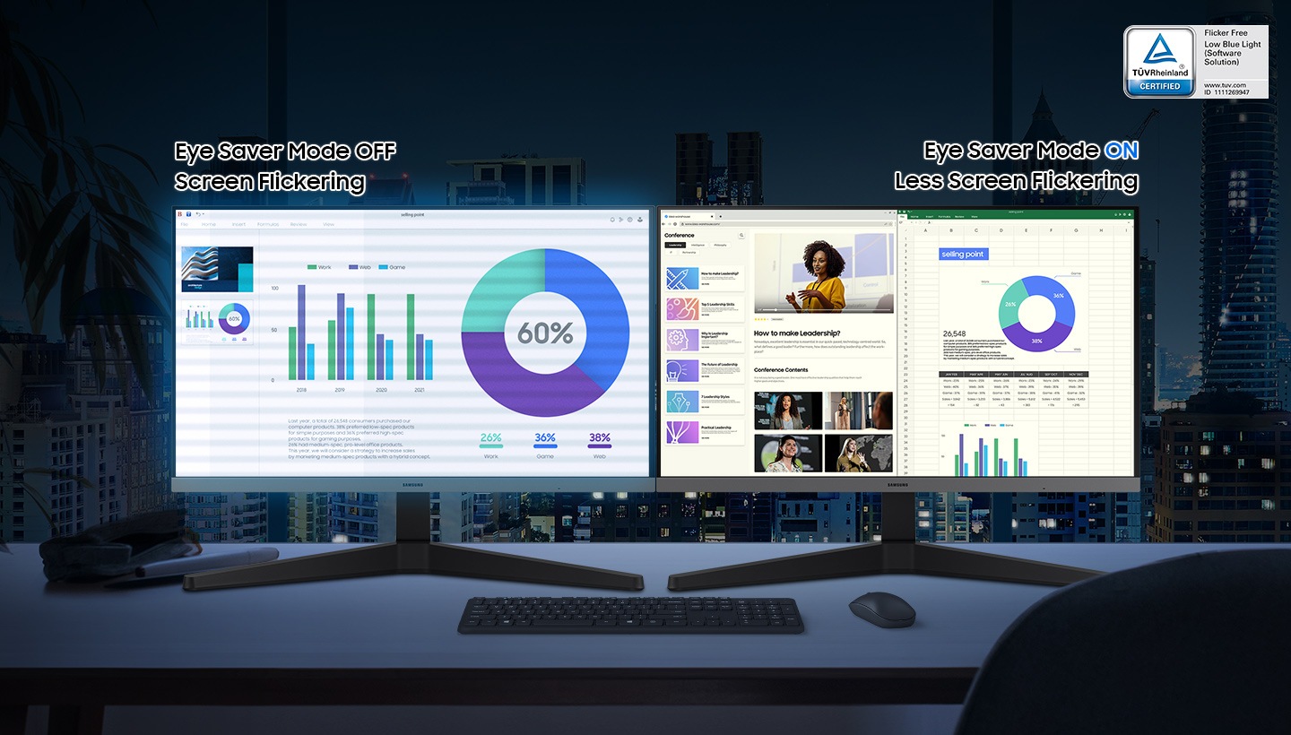 There are two monitors, and the left one flickers and emits blue light since the Eye Saver Mode is off. The right one is less flickering and does not emit blue light as its Eye Saver Mode is on. Above them, there is a TUV certification logo for Flicker Free and Low Blue Light(Software solution). There are 'www.tuv.com' and 'ID:1111270001' at the bottom of the logo.