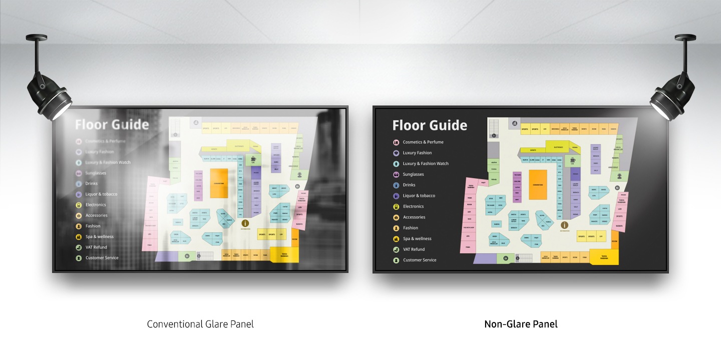 There is a map labelled "Floor Guide" on two screens, and a light shining on each screen. The left screen is labeled "Conventional Glare Panel" and the right screen labeled "Non-Glare Panel." The Conventional Glare Panel causes light bleed when the light is shining, so it is difficult to accurately check the contents. The Non-Glare Panel allows you to see the contents of the screen accurately and clearly even when the light of the light shines through.