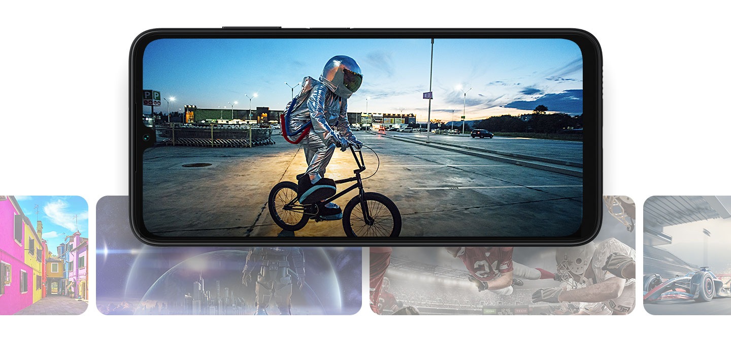 Galaxy A05s in landscape mode shows a person riding a trick bike in a vast, empty parking lot while wearing a cheap astronaut costume. Below and behind the Galaxy A05s are numerous translucent images showing landscape photographs, sci-fi animation, football and car racing.