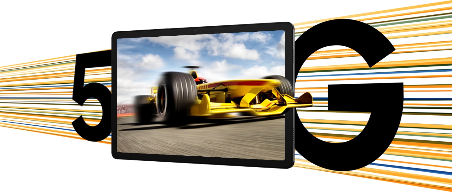 In the background are lines in different colors and the text 5G to illustrate fast 5G connectivity. Galaxy Tab A9+ is placed between the number 5 and the letter G, with a race car onscreen.