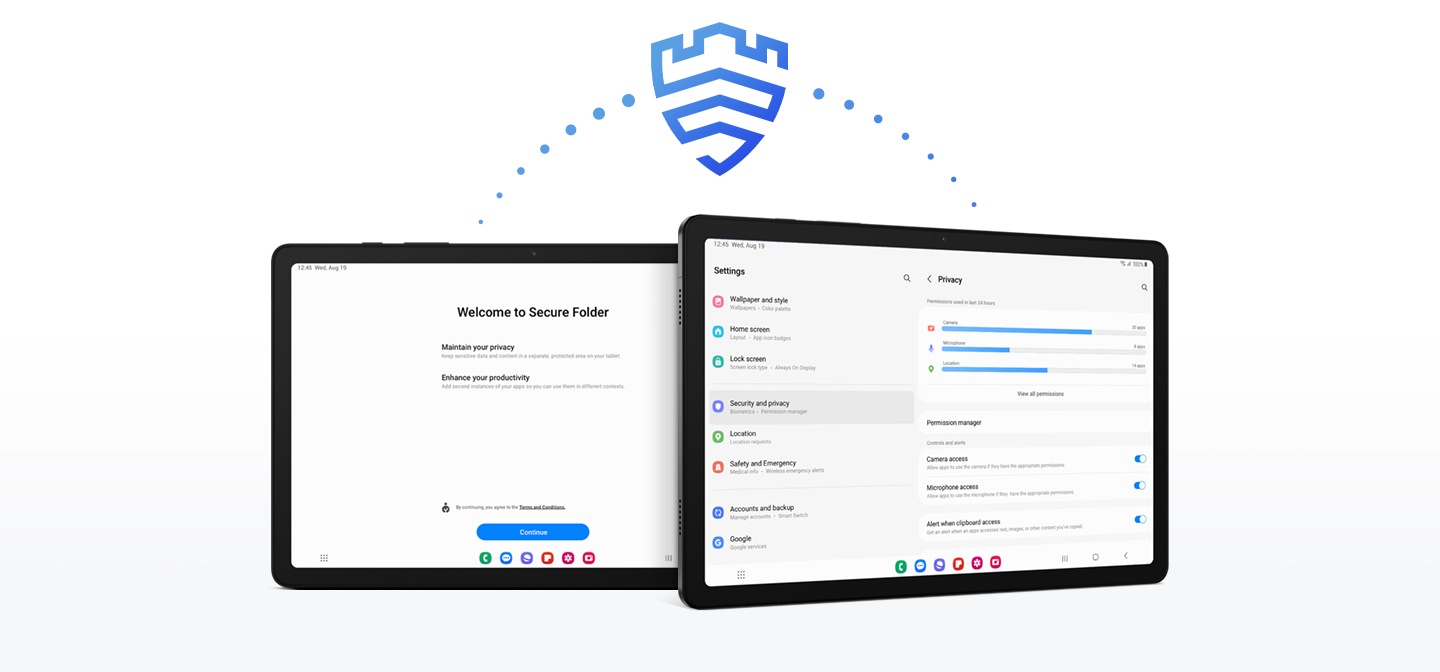 Two Galaxy Tab A9+ devices can be seen. Galaxy Tab A9+ on the right is slightly tilted. Galaxy Tab A9+ on the left is displaying the Secure Folder screen and Galaxy Tab A9+ on the right is displaying the Privacy Dashboard screen. Above the devices is a dotted line that connects the devices, with a shield icon in the middle to indicate the security features.