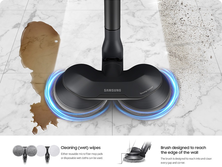 The Spinning Sweeper can easily clean both dry and wet floors. Either reusable micro fiber mop pads or disposable wet cloths can be used. The brush is designed to reach the edge of the wall and clean every gap and corner.