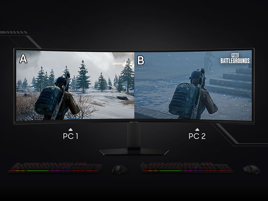 The Odyssey monitor's screen is split into two. The left side of the monitor is marked "A" and the right side of the monitor is marked "B". On both sides of the screen, different scenarios are shown for PUBG Battlegrounds. Text below the monitor reads “PC1” on the left side and “PC2” on the right.