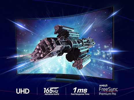 A large spaceship is centered in the monitor screen with shards of light surrounding it. Beneath the screen are four logos which demonstrate UHD, 165Hz refresh rate, 1ms response time and AMD FreeSync Premium Pro features.