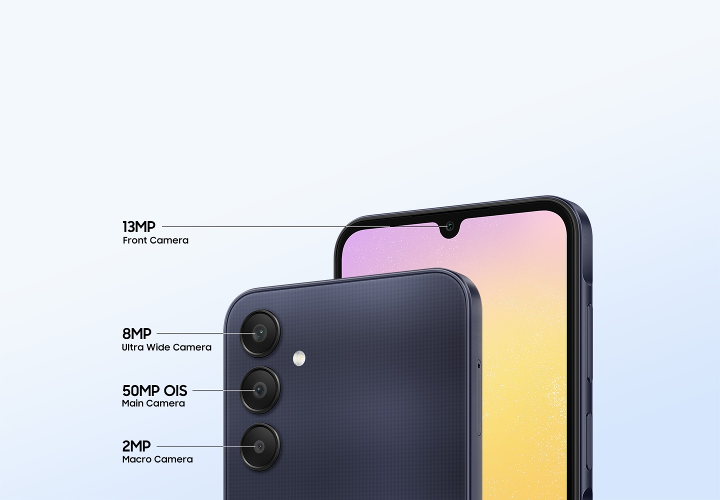 The front and back of the Galaxy A25 5G are shown to showcase its four multiple cameras including the 13MP Front Camera, the 8MP Ultra Wide Camera, the 50MP OIS Main Camera and the 2MP Macro Camera.