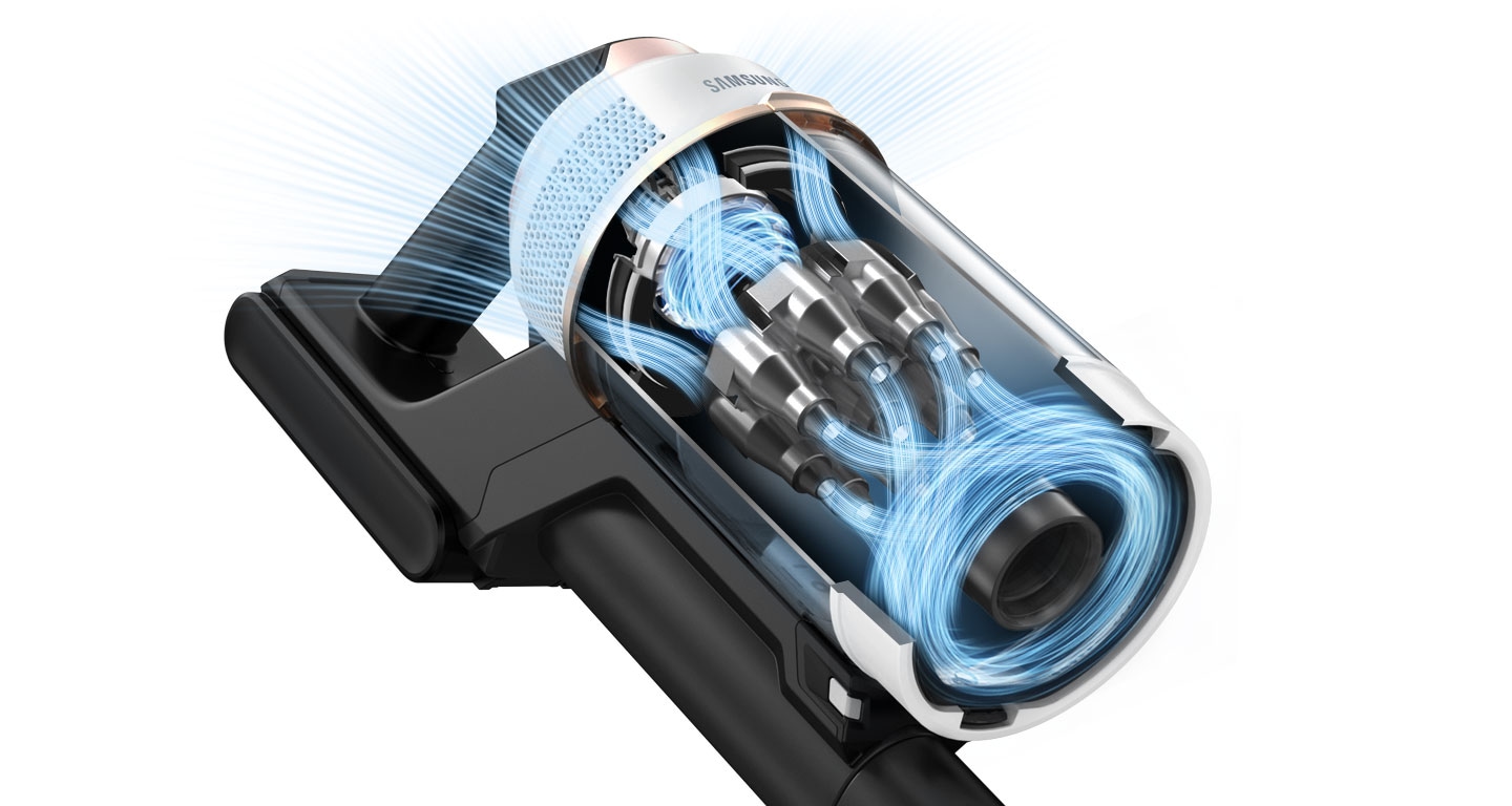 A close-up internal illustration a Bespoke Jet Plus's Digital Inverter Motor has blue streaks demonstrating the powerful suction.
