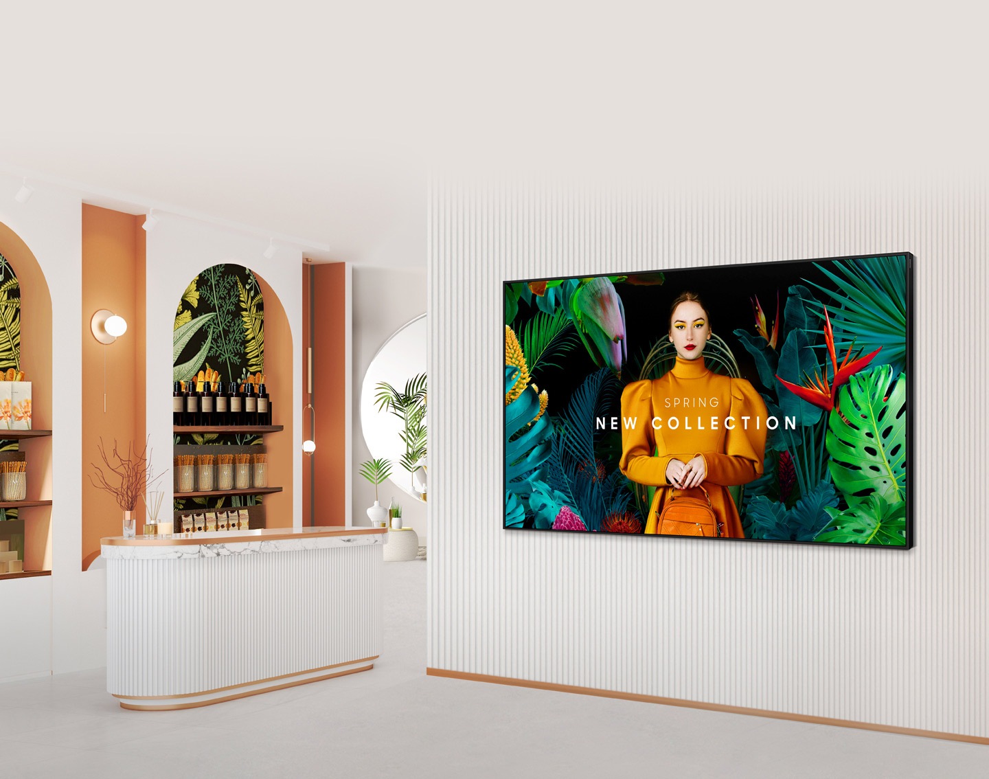 QBC is installed on the wall of the cosmetics store, next to a counter with beauty products on a shelf.
