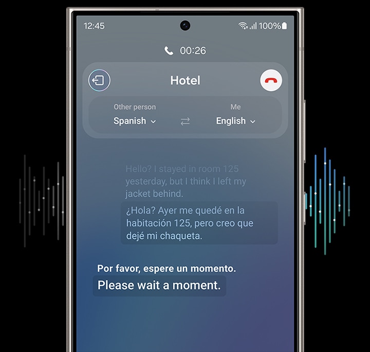 Una llamada telefónica se traduce en tiempo real. El diálogo se muestra en pantalla como una conversación de texto en dos idiomas.