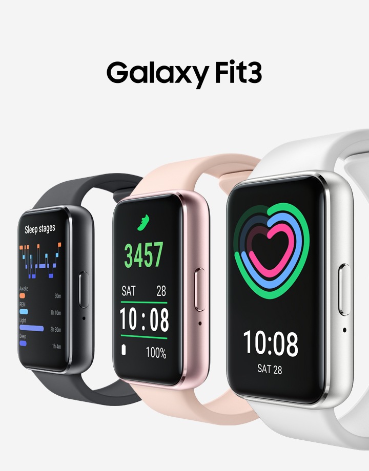 Three Galaxy Fit3 devices lined up facing sideways. Galaxy Fit3 Dark Gray with Sleep tracking feature on display, Galaxy Fit3 Pink Gold with Steps tracking feature and Galaxy Fit3 Silver with Daily Activity tracking feature.
