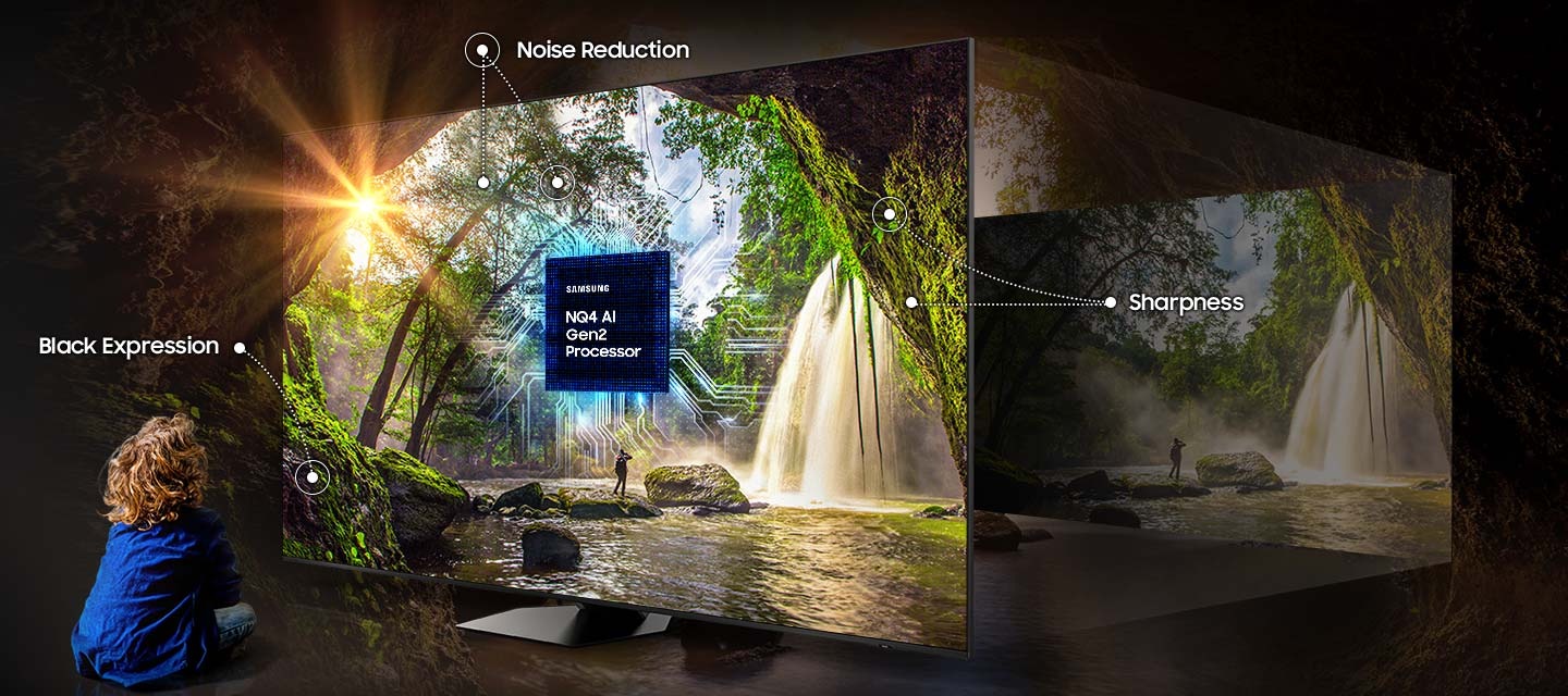 A child is marveling at a 98 inch TV. The NQ4 AI Gen2 Processor appears in the center of the screen. Lines point to a tree labeled Noise Reduction, while another set of lines indicates Sharpness. A circle also highlights a dark area of a rock labeled Black Expression.