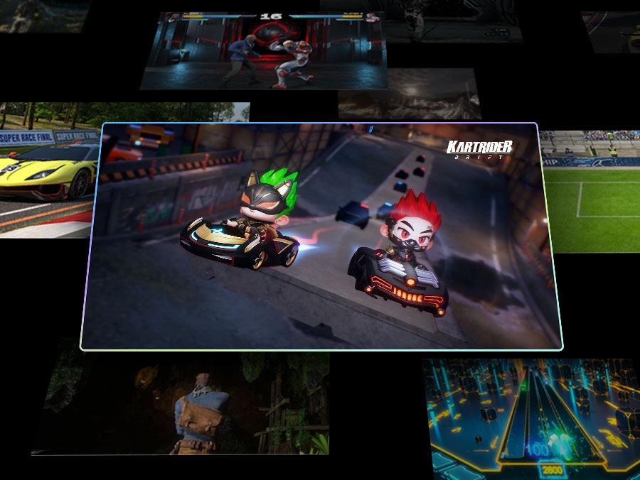 Many scattered scenes from games with one main scene front and center. RPG is detected as its genre, as it is then scanned into optimal settings by Samsung's AI technology. Then the main scene changes and Racing is detected as the genre of Kart Rider Drift as it is also scanned into optimal se