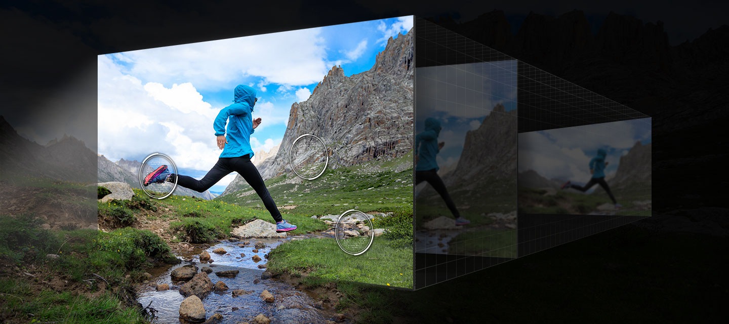 The details of a mountain side, rocks in a creek and shoes of a runner in a scene are upscaled to great clarity.