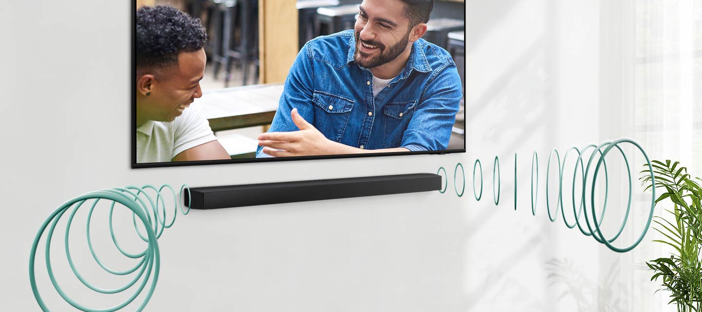 A TV shows a scene of two men talking. A Soundbar gives off sound waves from its side speakers for enhanced surround sound.
