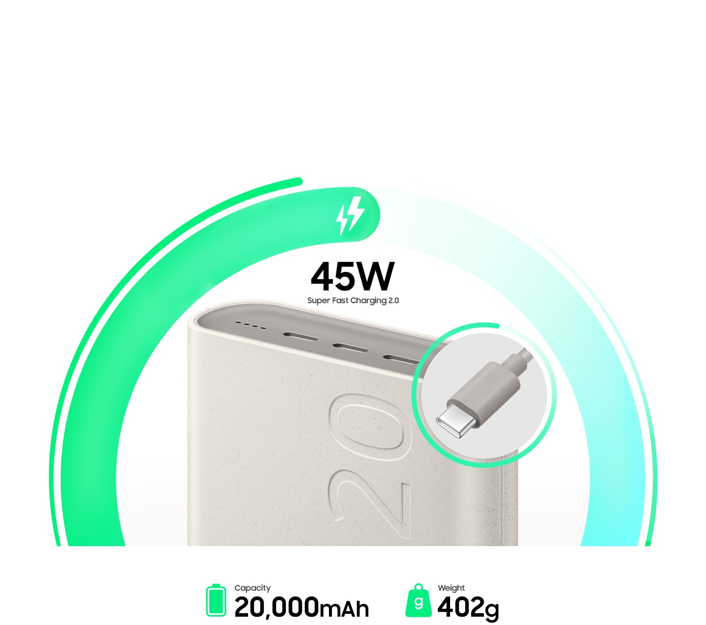 Close-up of the top edge of a light grey portable battery pack. Text above the battery reads '45W Super Fast Charging 2.0', indicating the device's rapid charging capability. Close-up view of a grey USB-C cable connector, highlighting its sleek design.