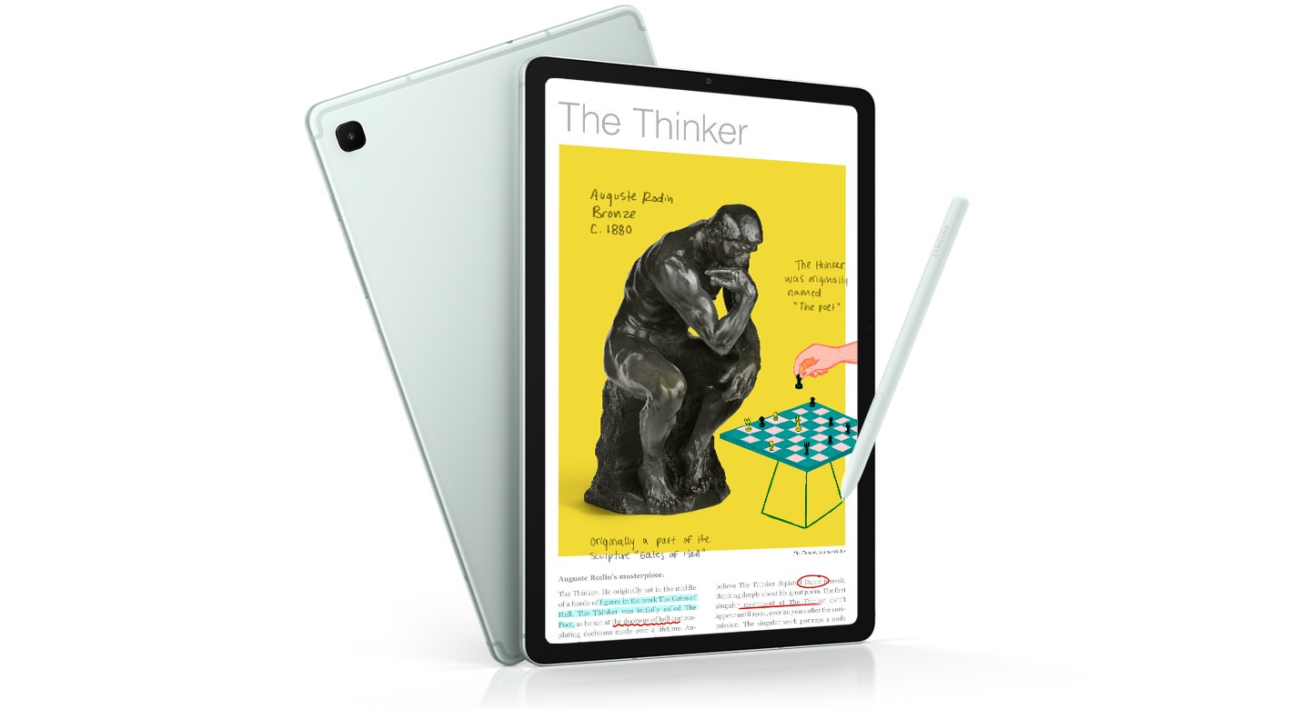 Front and back of Galaxy Tab S6 Lite in Mint with S Pen in Mint, touching the screen. A colorful image of a statue in front of a chess table with the title 'The Thinker' shown onscreen, surrounded by scribbles and highlighted text.