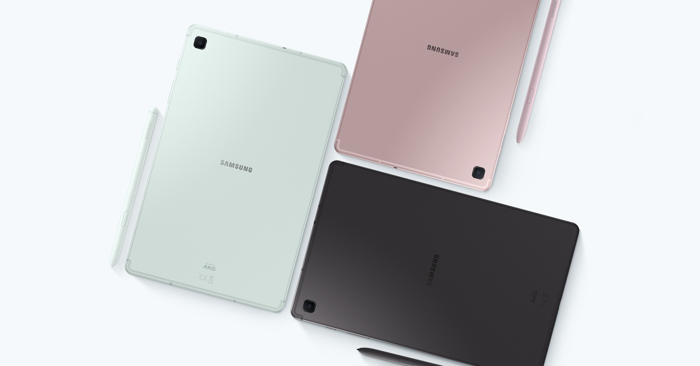 Three Galaxy Tab S6 Lite devices with S Pen in Oxford Gray, Mint and Chiffon Pink are placed next to each other facing down, showcasing the colorful design of the tablet and S Pen.