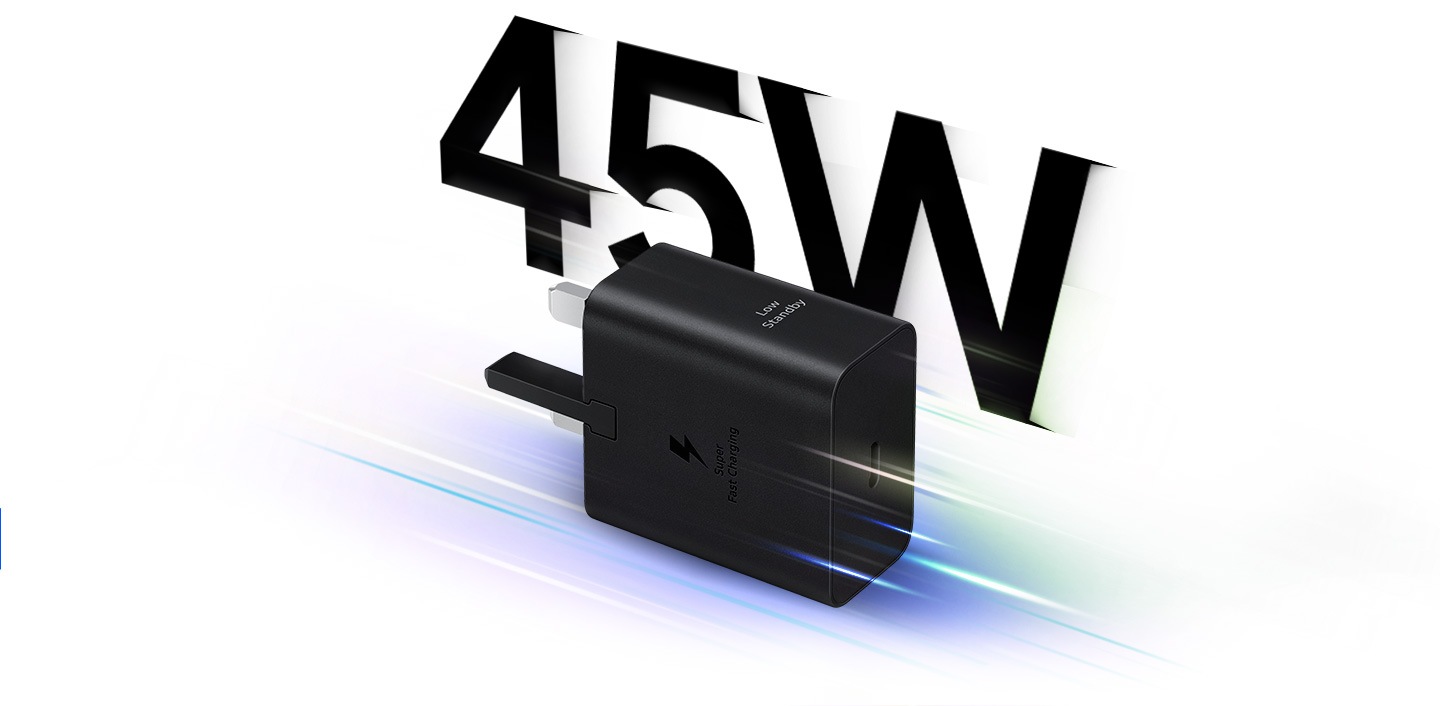 A 45W black Power Adapter is lying sideways as if moving forward, indicating super fast charging.