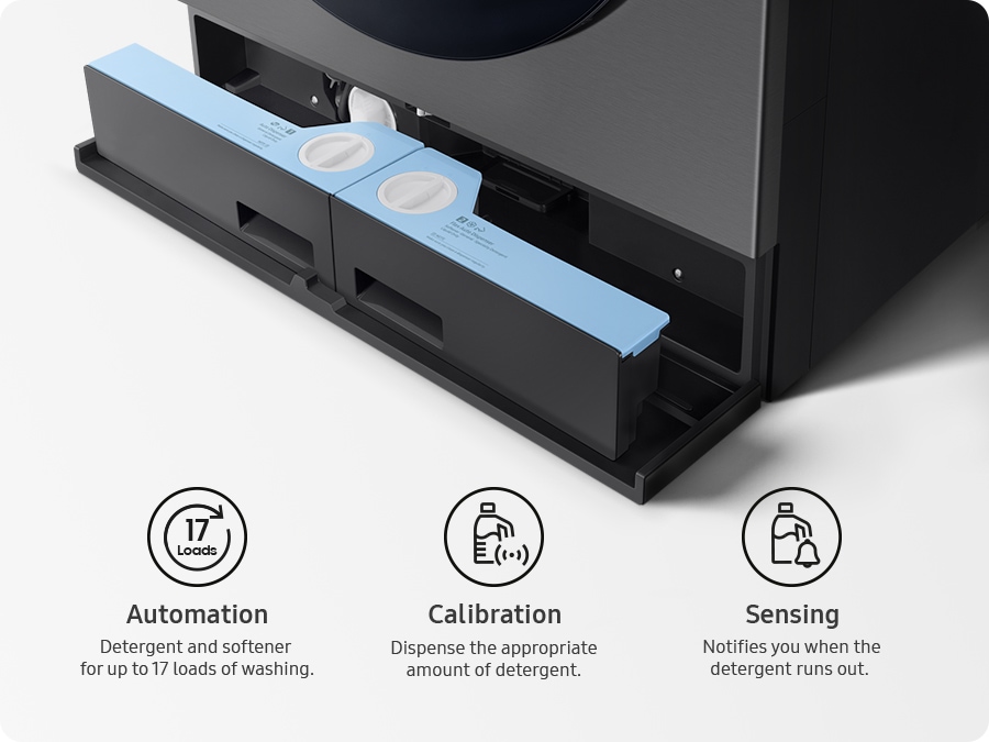 A close-up of an intelligent detergent and fabric softener dispenser in a Laundry Combo. It automatically dispenses the appropriate amount of detergent and softener for up to 17 loads and alerts you when the detergent runs out. Automation, Detergent and softener for up to 17 loads of washing. Calibration, Dispense the appropriate amount of detergent. Sensing, Notifies you when the detergent runs out.