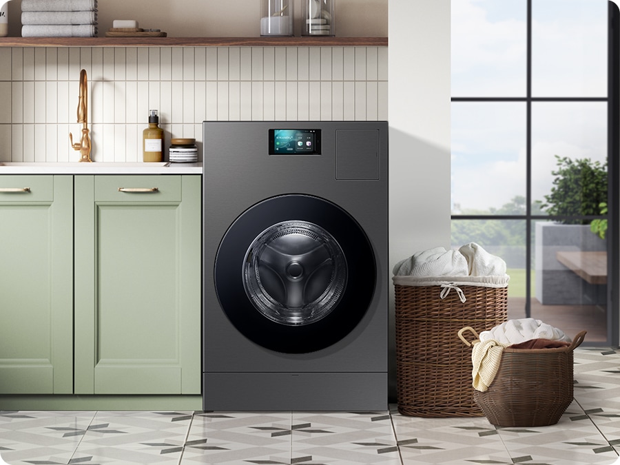 A Laundry Combo is installed in a modern utility room, next to a green sink with two full laundry baskets nearby.