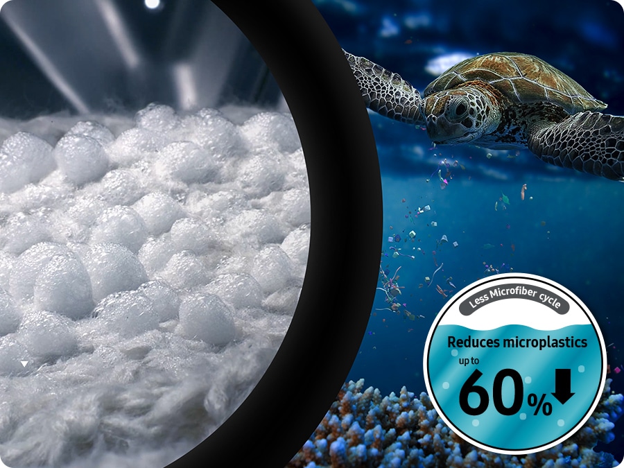 A closeup of bubbles on fabric. Next to it is a sea tutle swimming above coral surrounded by microplastics. Less Microfiber cycle reduces microplastics emissions by 60%. 