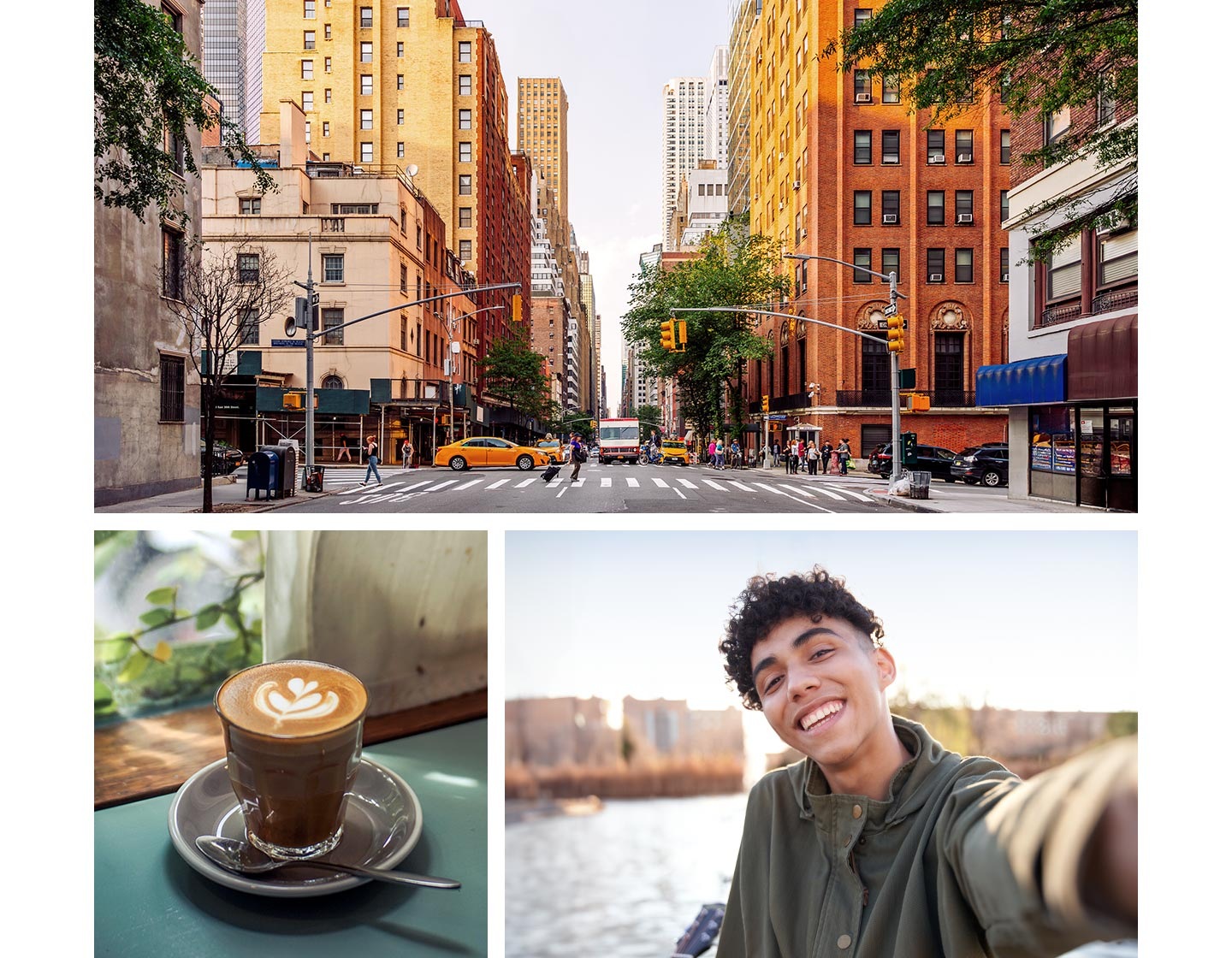 A wide-angle photo of a vibrant city crosswalk highlighting the Ultra Wide Camera's capabilities of Galaxy A16 5G. A close-up shot of a latte cup. A photo of a man smiling while taking a selfie.