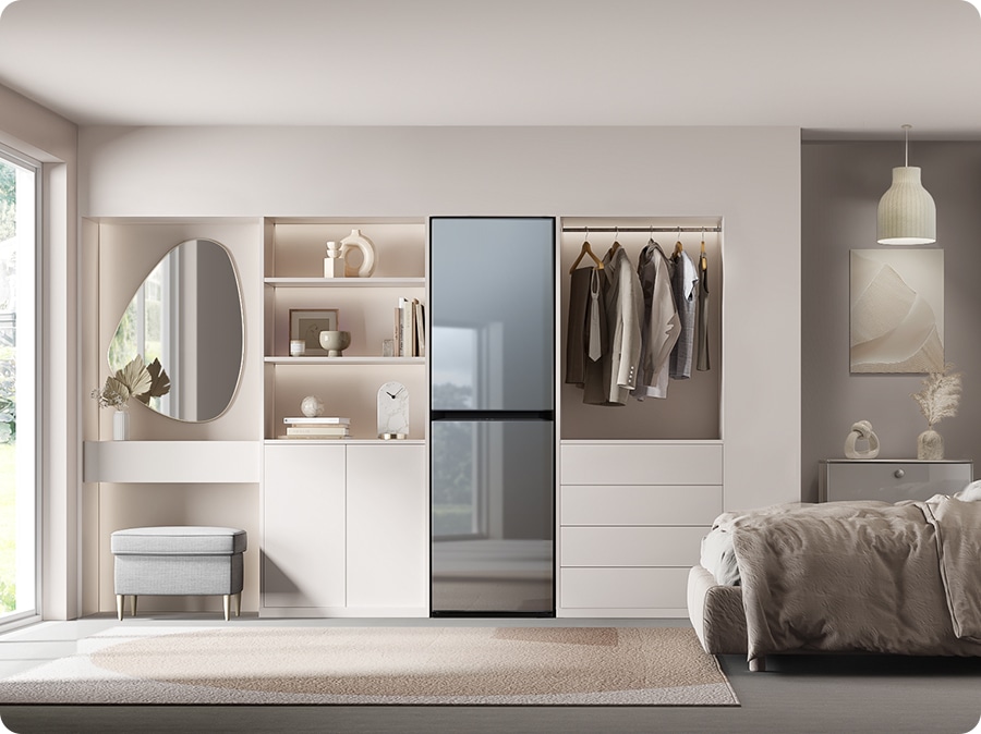 A Bespoke Air Dresser is installed in the bedroom and crystal mirror panel reflects room. This stylish and modern look that goes well with any interior.