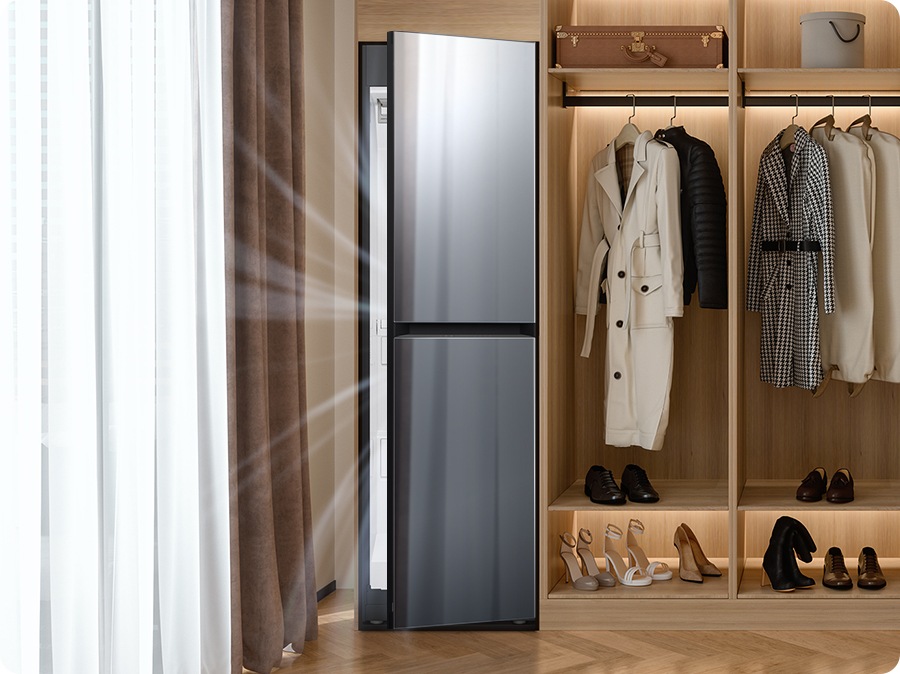 The door of an Air Dresser installed in a dressing room is open. The space dehumidification function of air dresser draws in air from the room, extracts moisture, and expels dry air.