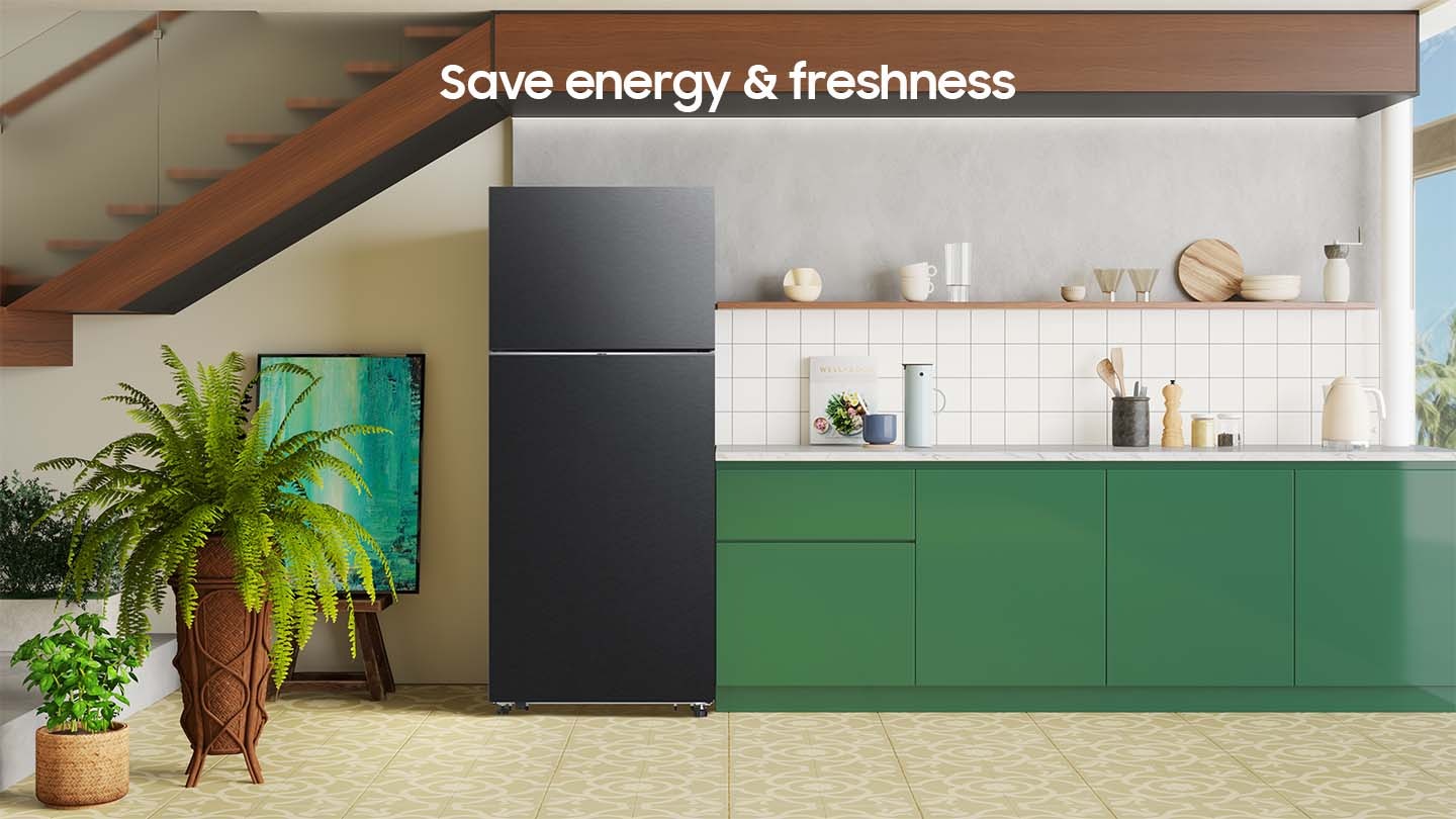 Save energy & freshness. The refrigerator is installed in the Kitchen.