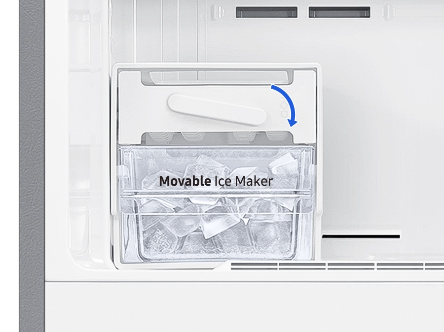 Twist Ice Maker is on a shelf in the freezer. With a twist, lots of ice falls into the removable storage bin below.
