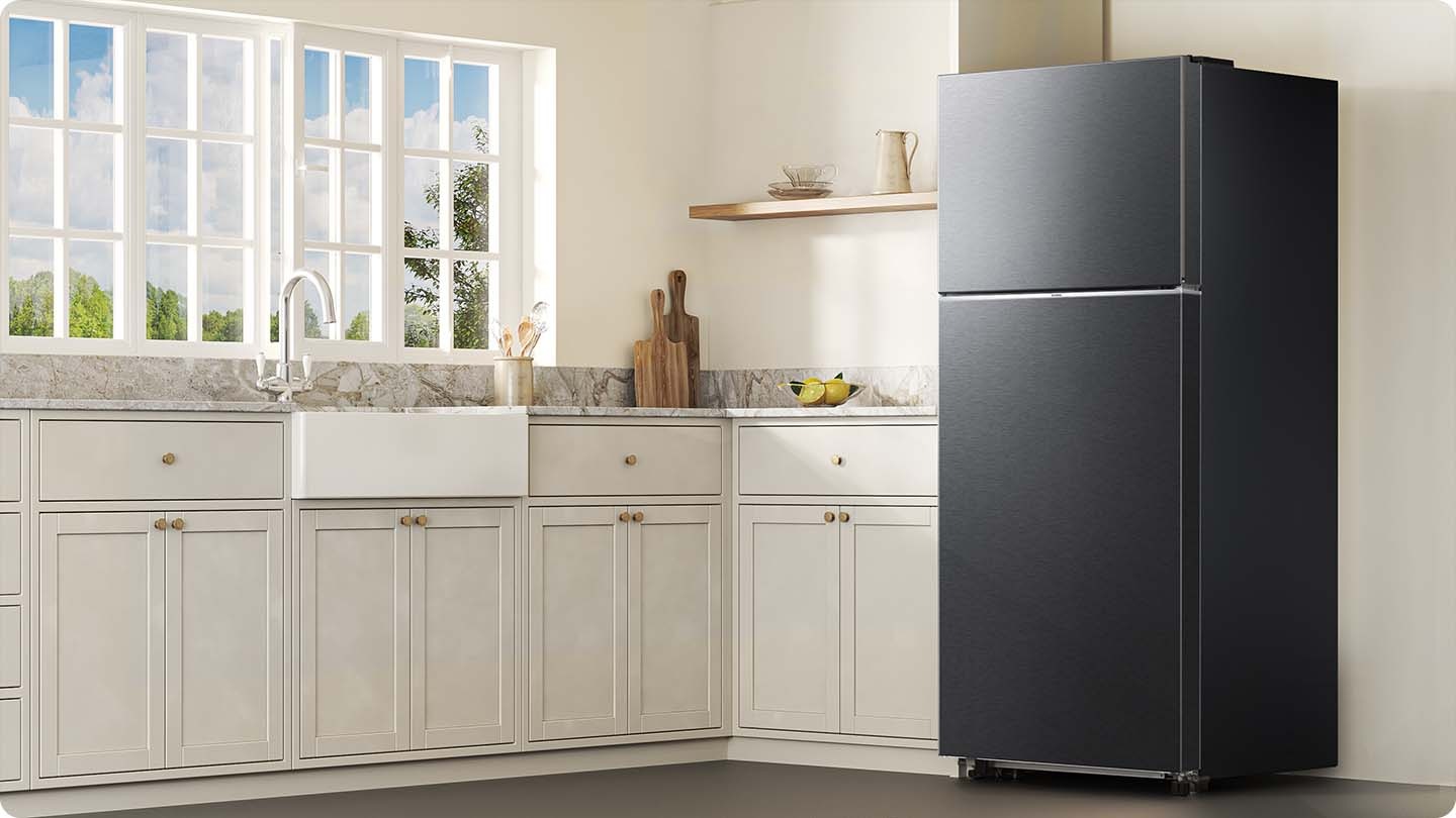 The sleek exterior of the refrigerator gives a clean look to the modern kitchen, with a flat finish.