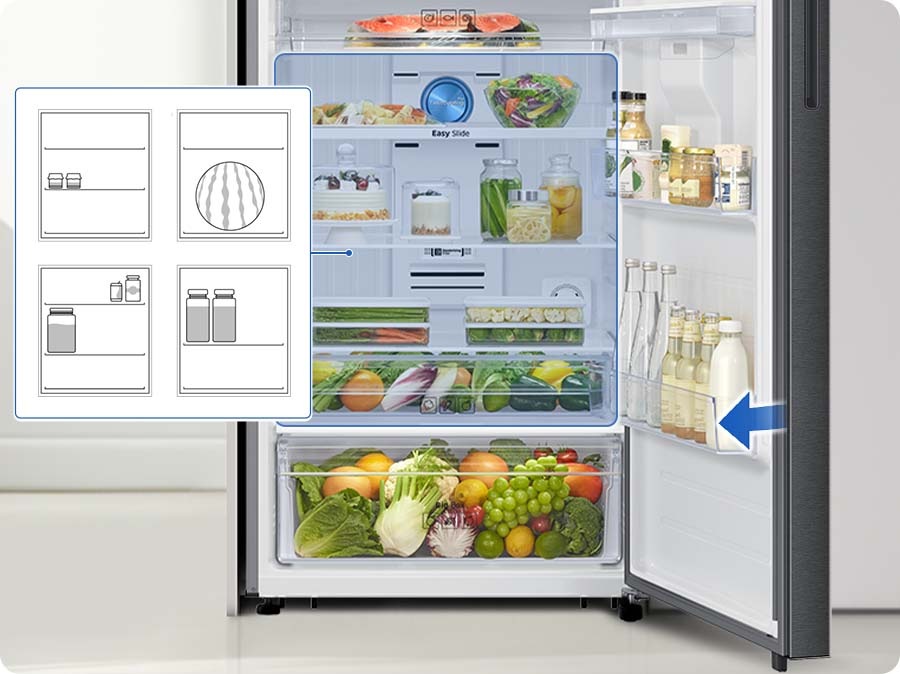 Adjustable Shelves can be removed or repositioned to easily fit items of different sizes - tall bottles, giant watermelons, and small bottles, without wasting space. Guard shelf in the door can store big bottles.