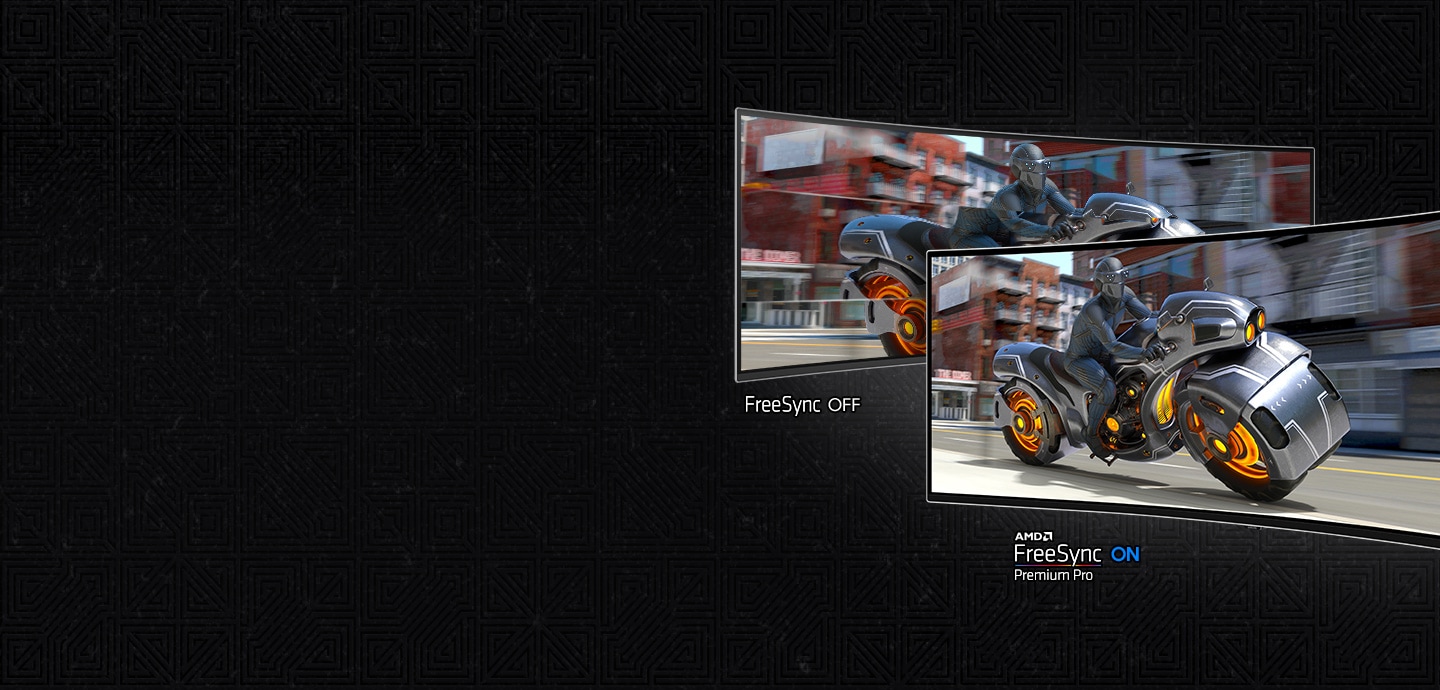 A screen shows a man riding a futuristic motorcycle and it is divided into two sections. The left section, labled "FreeSync OFF" shows the screen stuttering. The right side, labled "AMD FreeSync Premium Pro ON" is clear.