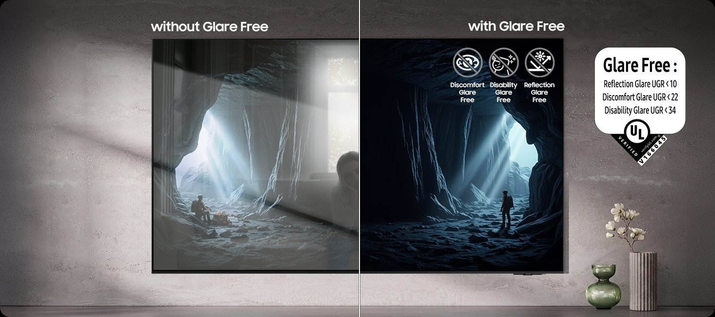 A TV screen Without Glare Free technology has distracting reflections. Next to it, a TV screen With Glare Free technology clearly shows a scene of mountains. UL Verified Logo. Glare Free: Reflection Glare UGR < 10, Discomfort Glare < UGR 22, Disability Glare < 34. verifyUL.com®. V166045.